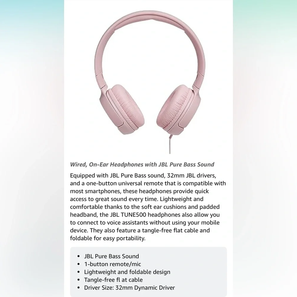 JBL TUNE 500 - Wired On-Ear Headphones - pink